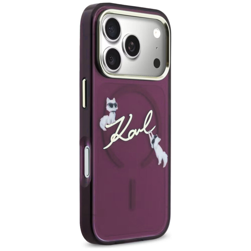 Husa iPhone 17 Pro Karl Lagerfeld IML Choupette and Karl Script Logo MagSafe, bordo