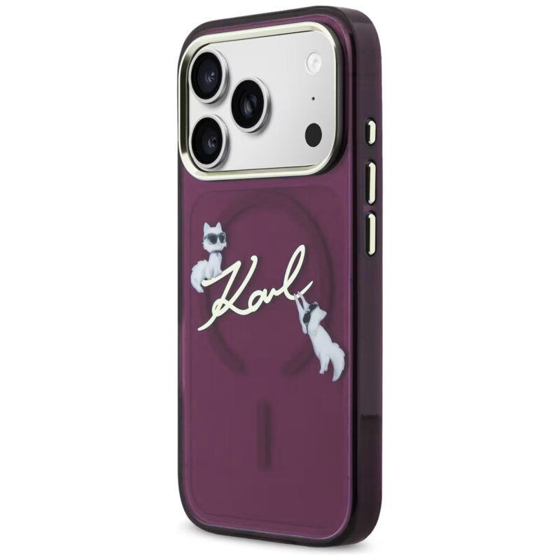 Husa iPhone 17 Pro Karl Lagerfeld IML Choupette and Karl Script Logo MagSafe, bordo
