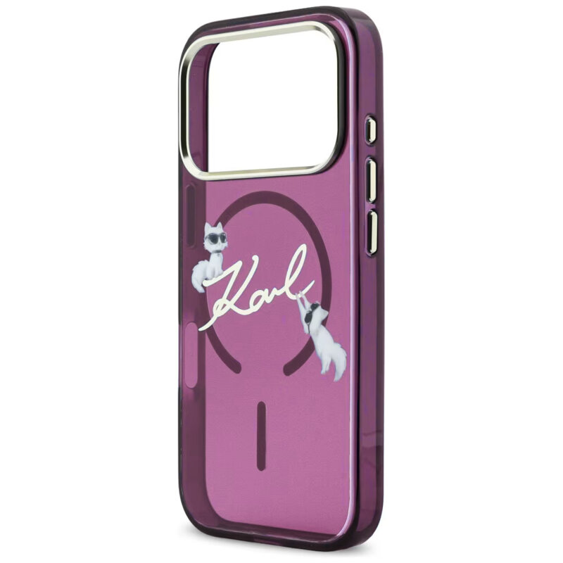 Husa iPhone 17 Pro Karl Lagerfeld IML Choupette and Karl Script Logo MagSafe, bordo