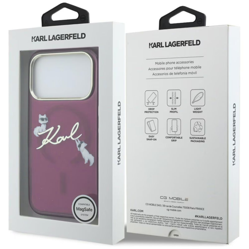 Husa iPhone 17 Pro Karl Lagerfeld IML Choupette and Karl Script Logo MagSafe, bordo