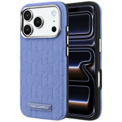 Husa iPhone 17 Pro Karl Lagerfeld Grained Leather Mono Resin Logo MagSafe, bleu, KLHMP18L6PWKLMHB