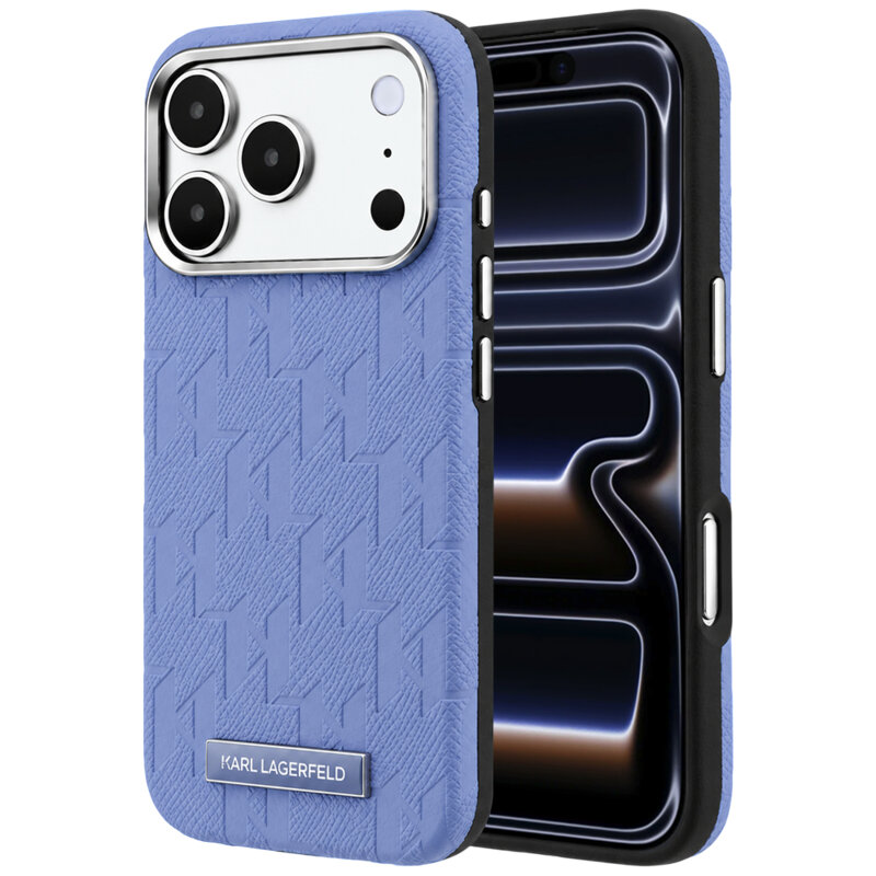 Husa iPhone 17 Pro Karl Lagerfeld Grained Leather Mono Resin Logo MagSafe, bleu, KLHMP18L6PWKLMHB