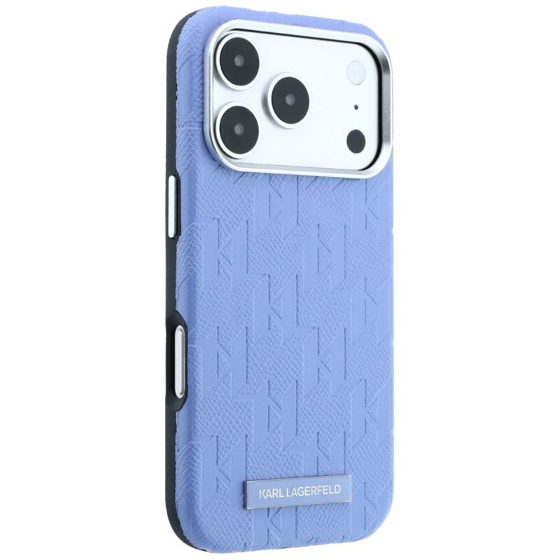 Husa iPhone 17 Pro Karl Lagerfeld Grained Leather Mono Resin Logo MagSafe, bleu, KLHMP18L6PWKLMHB