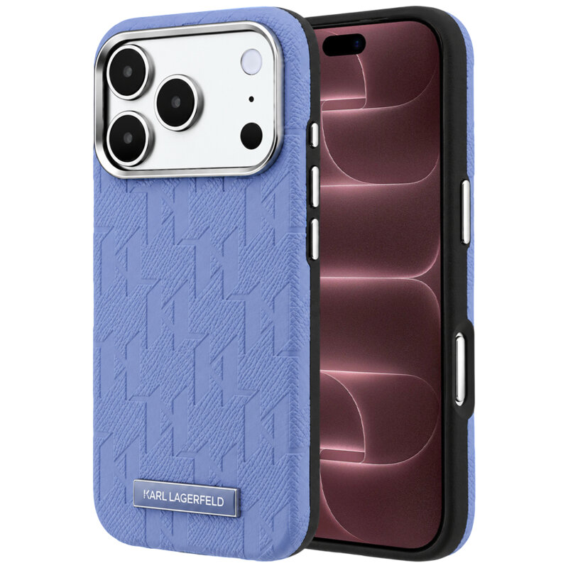 Husa iPhone 18 Pro Max Karl Lagerfeld Grained Leather Mono Resin Logo MagSafe, bleu, KLHMP18X6PWKLMHB