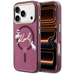 Husa iPhone 17 Pro Max Karl Lagerfeld IML Choupette and Karl Script Logo MagSafe, bordo, KLHMP18X5HKSCAR