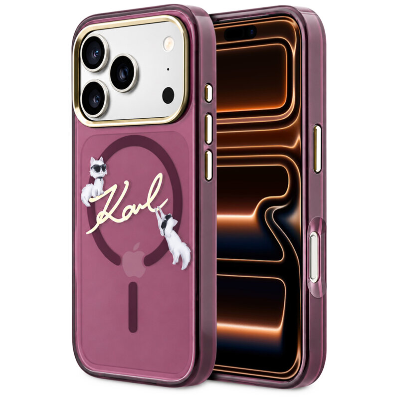 Husa iPhone 17 Pro Max Karl Lagerfeld IML Choupette and Karl Script Logo MagSafe, bordo, KLHMP18X5HKSCAR