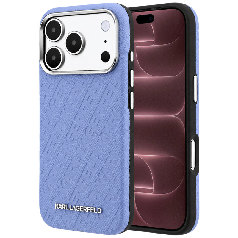 Husa iPhone 18 Pro Max Karl Lagerfeld HC MagSafe Grained PU Metal Logo, bleu