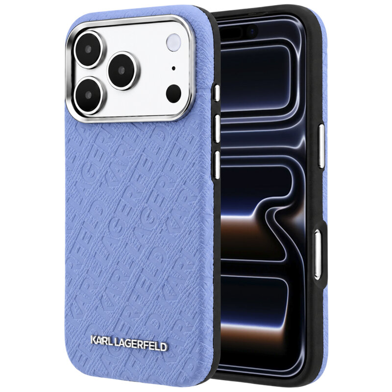 Husa iPhone 17 Pro Karl Lagerfeld Grained Leather Metal Logo MagSafe, bleu