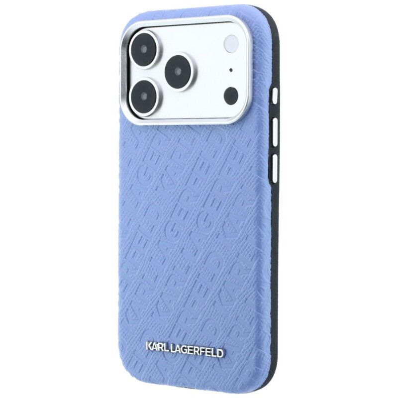 Husa iPhone 17 Pro Karl Lagerfeld Grained Leather Metal Logo MagSafe, bleu