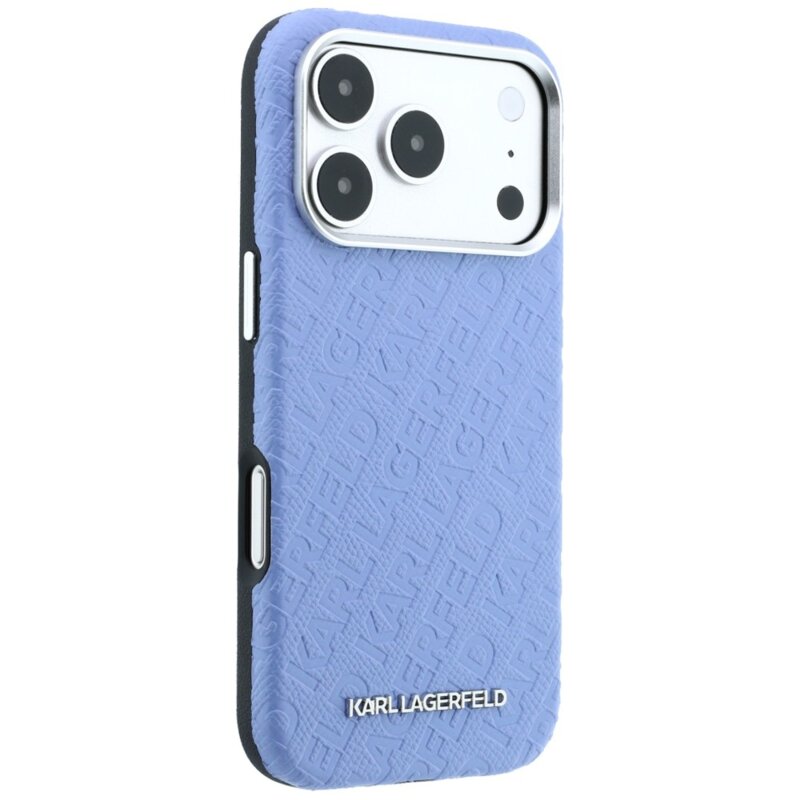 Husa iPhone 17 Pro Karl Lagerfeld Grained Leather Metal Logo MagSafe, bleu