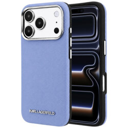Husa iPhone 17 Pro Karl Lagerfeld HC MagSafe Grained Leather Elongated Logo, bleu