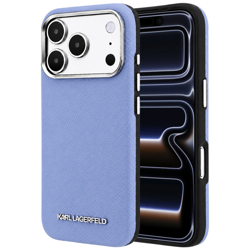 Husa iPhone 17 Pro Karl Lagerfeld HC MagSafe Grained Leather Elongated Logo, bleu