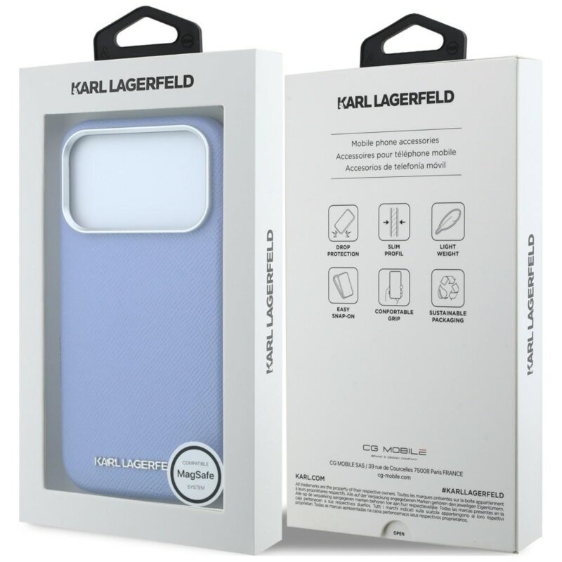 Husa iPhone 17 Pro Karl Lagerfeld HC MagSafe Grained Leather Elongated Logo, bleu