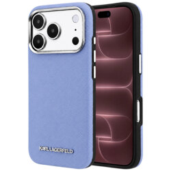 Husa iPhone 18 Pro Max Karl Lagerfeld Grained Leather Elongated Logo MagSafe, bleu