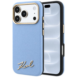 Husa originala iPhone 18 Pro Karl Lagerfeld Saffiano Small Script Metal Logo MagSafe, bleu, KLHMP18L6PWSKSB