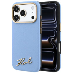 Husa originala iPhone 17 Pro Karl Lagerfeld Saffiano Small Script Metal Logo MagSafe, bleu, KLHMP18L6PWSKSB