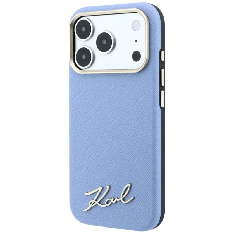 Husa originala iPhone 17 Pro Karl Lagerfeld Saffiano Small Script Metal Logo MagSafe, bleu, KLHMP18L6PWSKSB