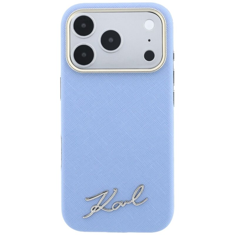 Husa originala iPhone 17 Pro Karl Lagerfeld Saffiano Small Script Metal Logo MagSafe, bleu, KLHMP18L6PWSKSB