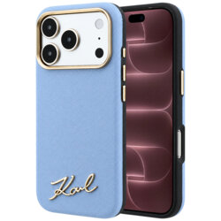 Husa originala iPhone 18 Pro Max Karl Lagerfeld Saffiano Small Script Metal Logo MagSafe, bleu, KLHMP18X6PWSKSB