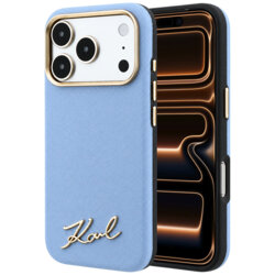 Husa originala iPhone 17 Pro Max Karl Lagerfeld Saffiano Small Script Metal Logo MagSafe, bleu, KLHMP18X6PWSKSB