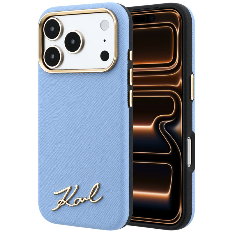Husa originala iPhone 17 Pro Max Karl Lagerfeld Saffiano Small Script Metal Logo MagSafe, bleu, KLHMP18X6PWSKSB