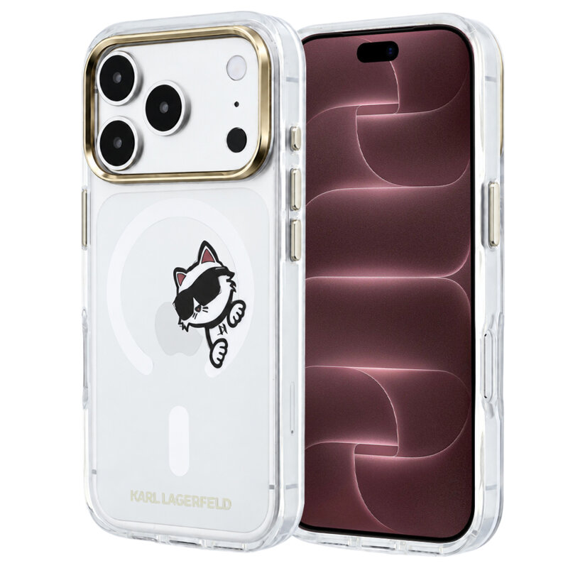 Husa iPhone 18 Pro Max Karl Lagerfeld IML Peekaboo Print and Metal Frame MagSafe, transparenta