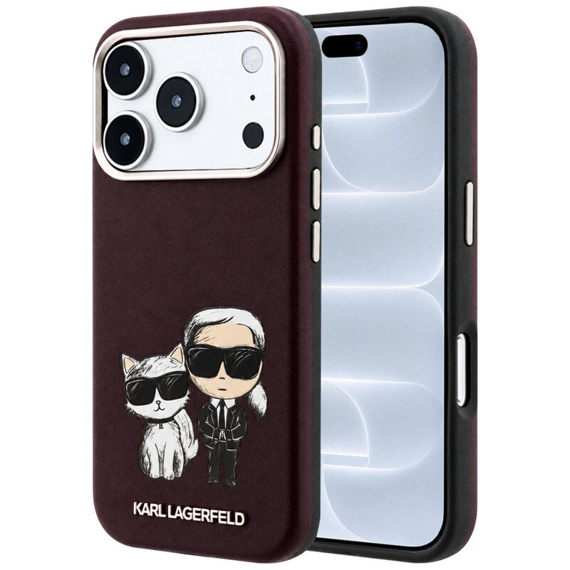 Husa iPhone 18 Pro Karl Lagerfeld Smooth Leather KC Bodies Sketch MagSafe, bordo