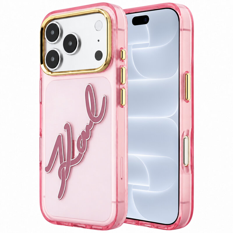 Husa iPhone 18 Pro Karl Lagerfeld IML Big Signature Resin Logo Metal Frame, roz