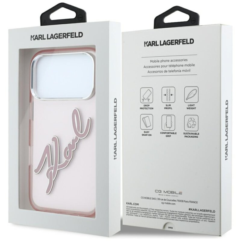 Husa iPhone 17 Pro Karl Lagerfeld IML Big Signature Resin Logo Metal Frame, roz
