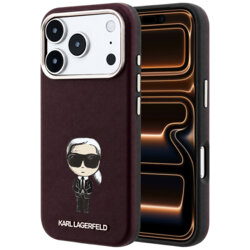 Husa iPhone 17 Pro Max Karl Lagerfeld Smooth Leather Ikonik Sketch MagSafe, burgundy