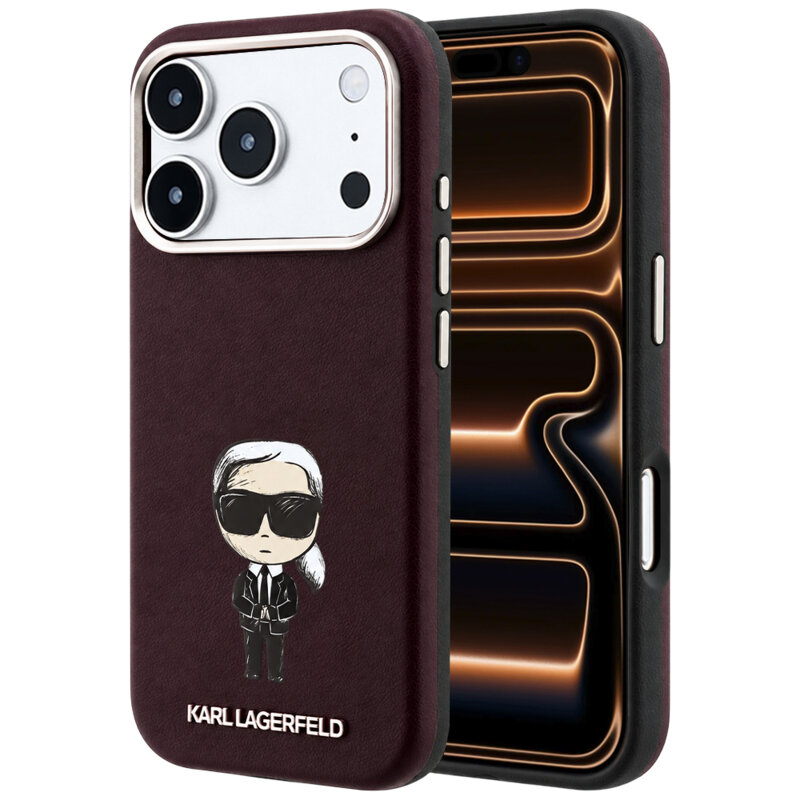 Husa iPhone 17 Pro Max Karl Lagerfeld Smooth Leather Ikonik Sketch MagSafe, burgundy