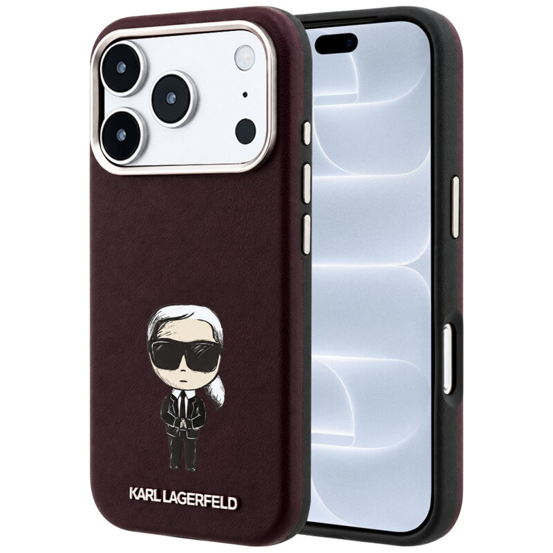 Husa iPhone 18 Pro Karl Lagerfeld Smooth Leather Ikonik Sketch MagSafe, bordo