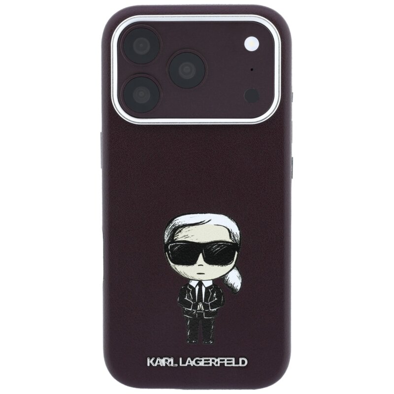 Husa iPhone 17 Pro Karl Lagerfeld Smooth Leather Ikonik Sketch MagSafe, bordo
