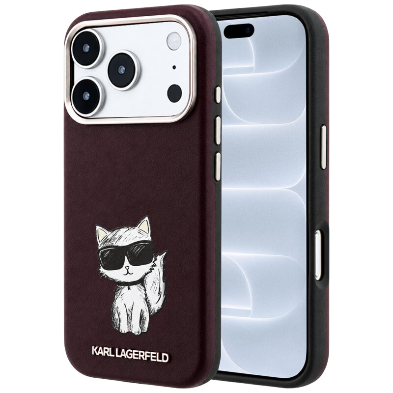 Husa iPhone 18 Pro Karl Lagerfeld Smooth Leather Choupette Sketch MagSafe, bordo