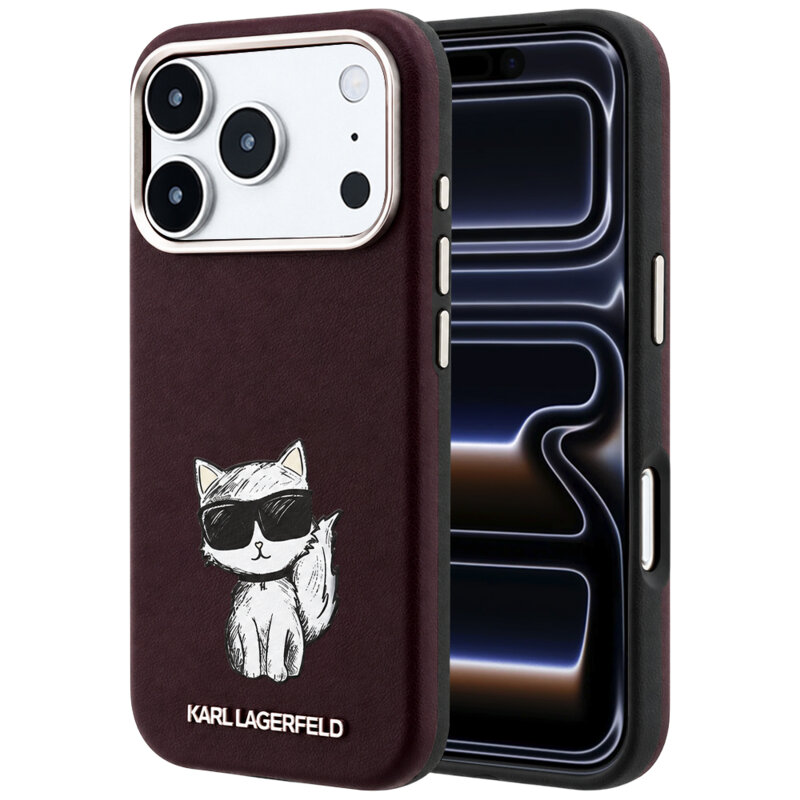 Husa iPhone 17 Pro Karl Lagerfeld Smooth Leather Choupette Sketch MagSafe, bordo, KLHMP18L6PWCIKDR