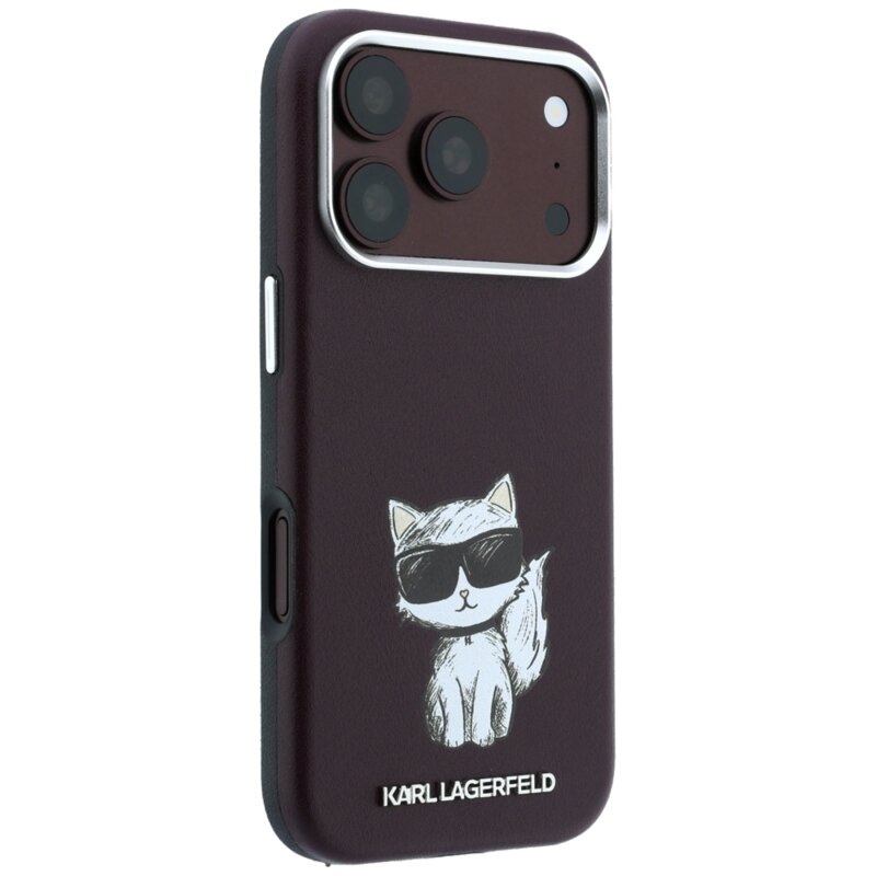 Husa iPhone 17 Pro Karl Lagerfeld Smooth Leather Choupette Sketch MagSafe, bordo, KLHMP18L6PWCIKDR