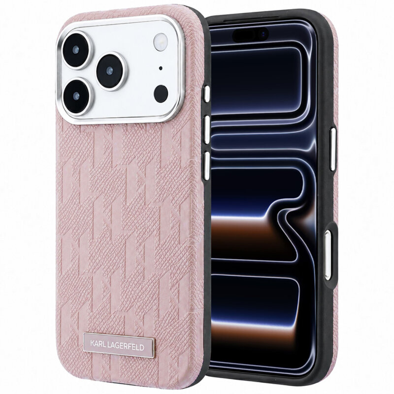 Husa iPhone 17 Pro Karl Lagerfeld Grained Leather Mono Resin Logo MagSafe, roz, KLHMP18L6PWKLMHP