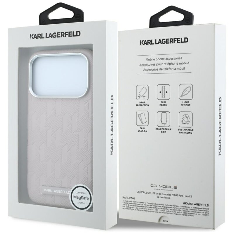 Husa iPhone 17 Pro Karl Lagerfeld Grained Leather Mono Resin Logo MagSafe, roz, KLHMP18L6PWKLMHP