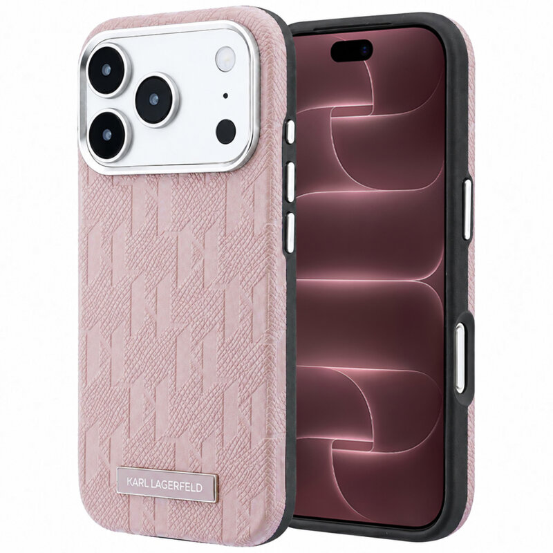 Husa iPhone 18 Pro Max Karl Lagerfeld Grained Leather Mono Resin Logo MagSafe, roz, KLHMP18X6PWKLMHP