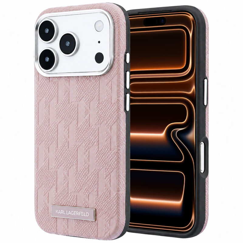 Husa iPhone 17 Pro Max Karl Lagerfeld Grained Leather Mono Resin Logo MagSafe, roz, KLHMP18X6PWKLMHP