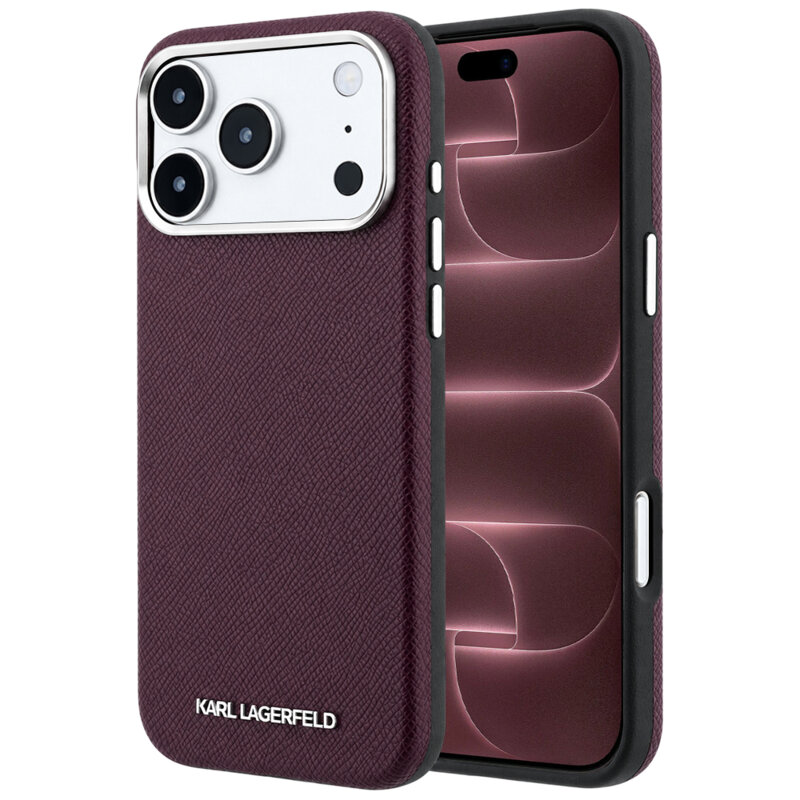 Husa iPhone 18 Pro Max Karl Lagerfeld Grained Leather Elongated Logo MagSafe, burgundy