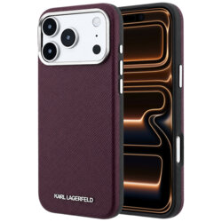 Husa iPhone 17 Pro Max Karl Lagerfeld Grained Leather Elongated Logo MagSafe, burgundy