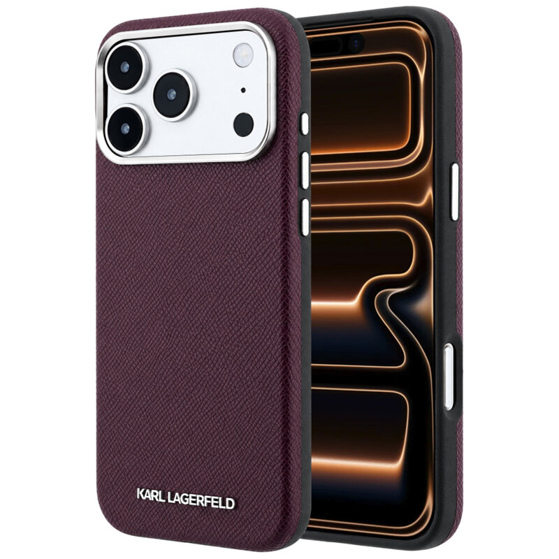 Husa iPhone 17 Pro Max Karl Lagerfeld Grained Leather Elongated Logo MagSafe, burgundy