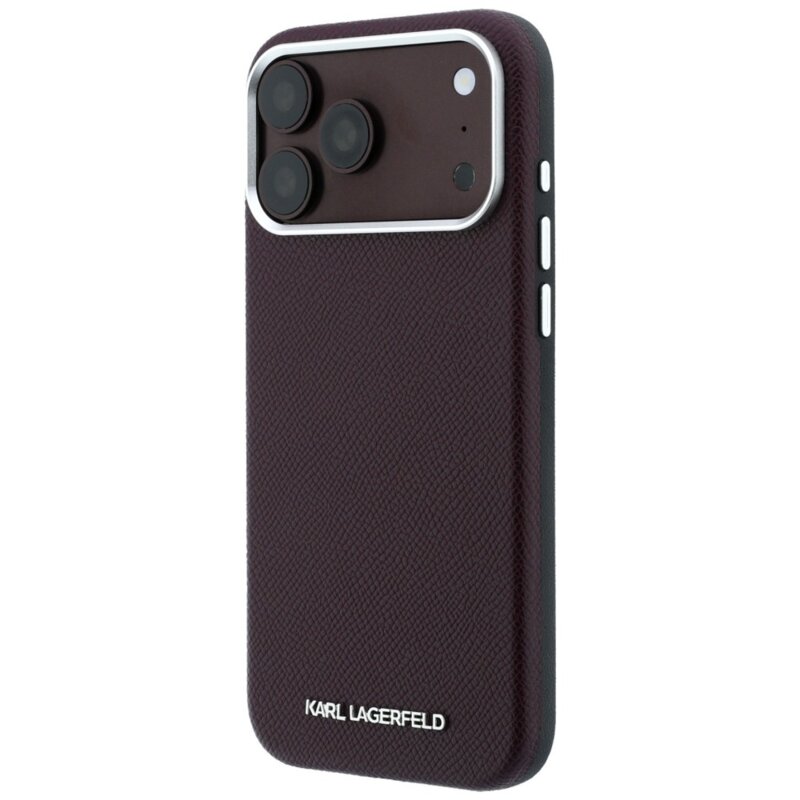 Husa iPhone 17 Pro Max Karl Lagerfeld Grained Leather Elongated Logo MagSafe, burgundy