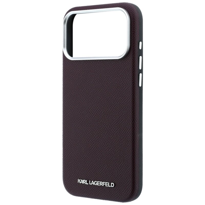 Husa iPhone 17 Pro Max Karl Lagerfeld Grained Leather Elongated Logo MagSafe, burgundy