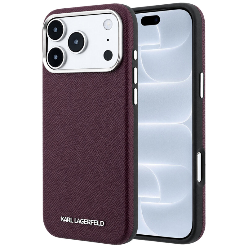 Husa iPhone 18 Pro Karl Lagerfeld Grained Leather Elongated Logo MagSafe, bordo, KLHMP18LPSWGKLR