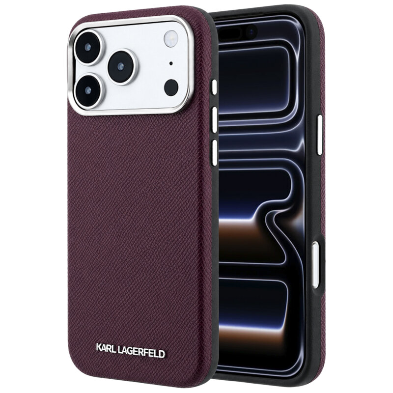 Husa iPhone 17 Pro Karl Lagerfeld Grained Leather Elongated Logo MagSafe, bordo, KLHMP18LPSWGKLR