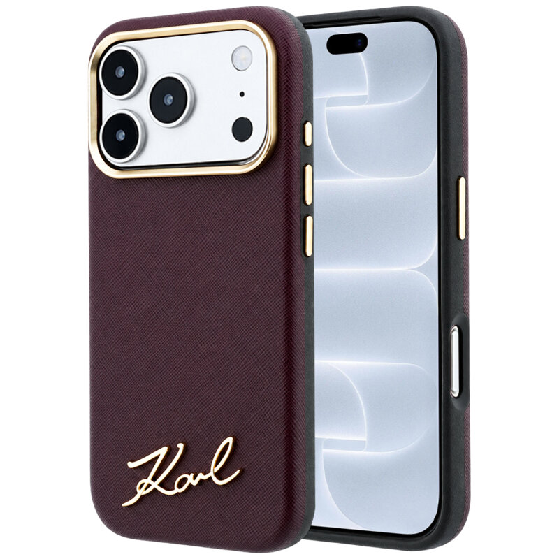 Husa originala iPhone 18 Pro Karl Lagerfeld Saffiano Small Script Metal Logo MagSafe, bordo, KLHMP18L6PWSKSR