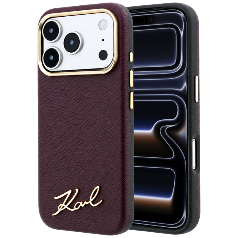 Husa originala iPhone 17 Pro Karl Lagerfeld Saffiano Small Script Metal Logo MagSafe, bordo, KLHMP18L6PWSKSR