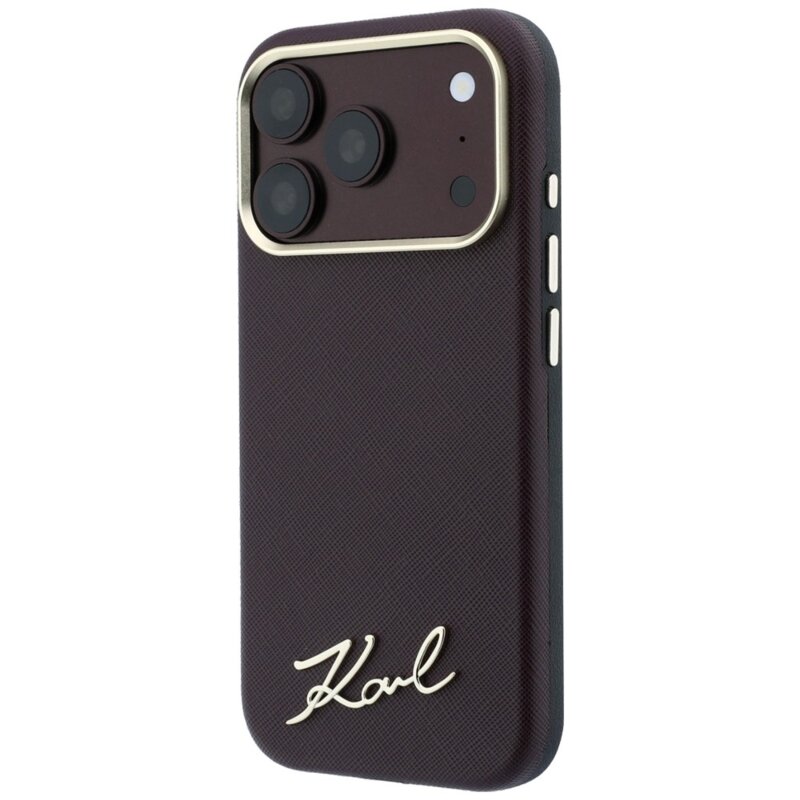 Husa originala iPhone 17 Pro Karl Lagerfeld Saffiano Small Script Metal Logo MagSafe, bordo, KLHMP18L6PWSKSR